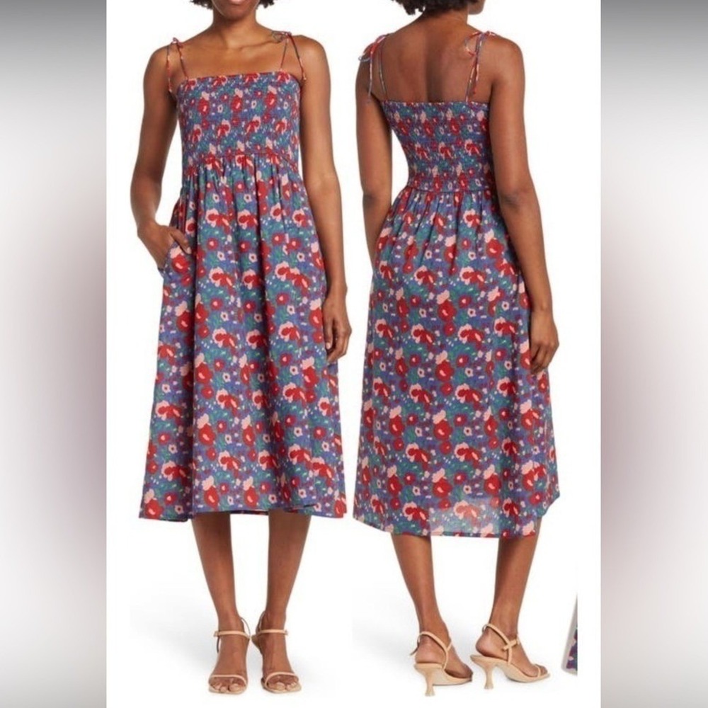 Maisie smocked floral print‎ tie straps midi dress